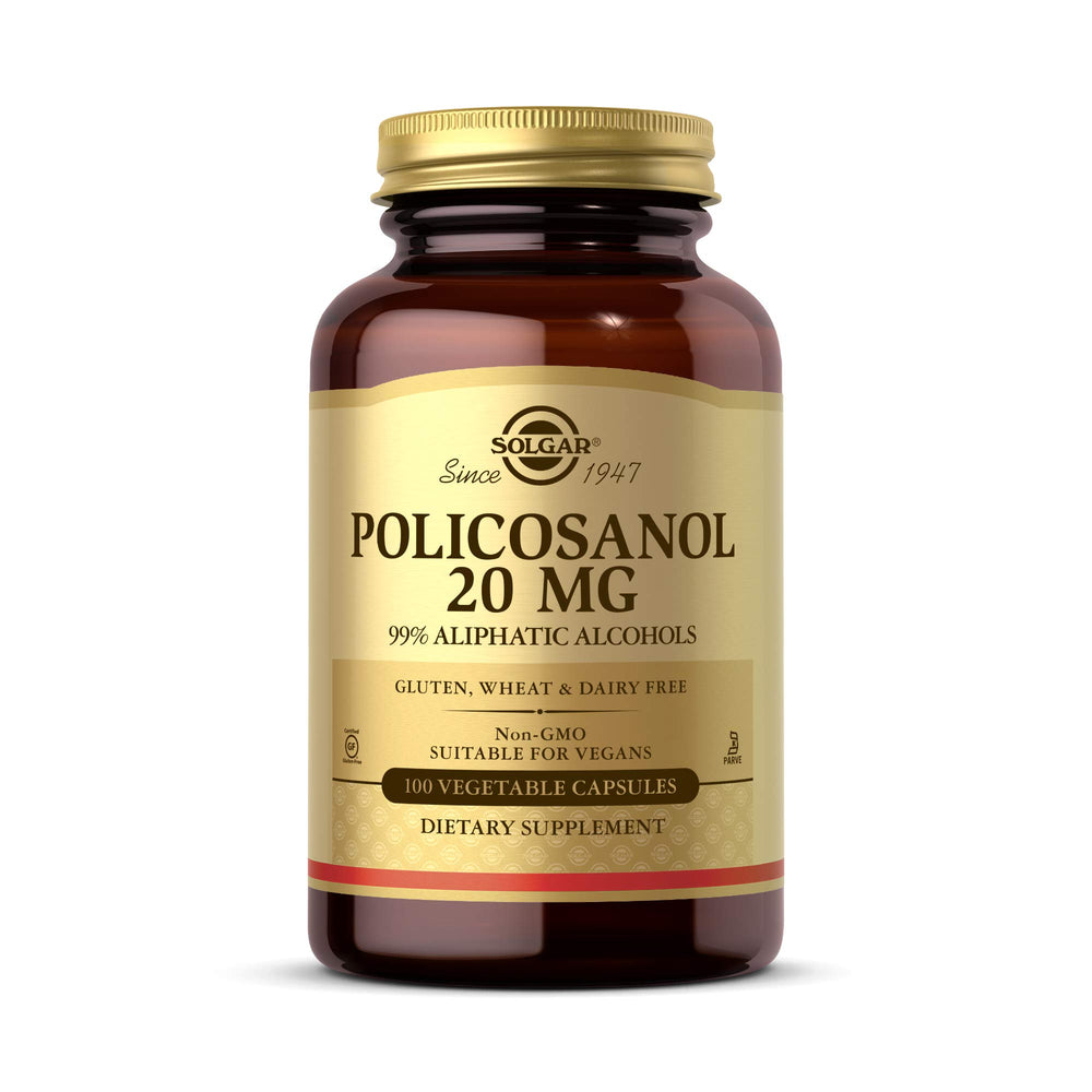 Solgar Policosanol 20 mg bottle pour, supports heart health in daily wellness.