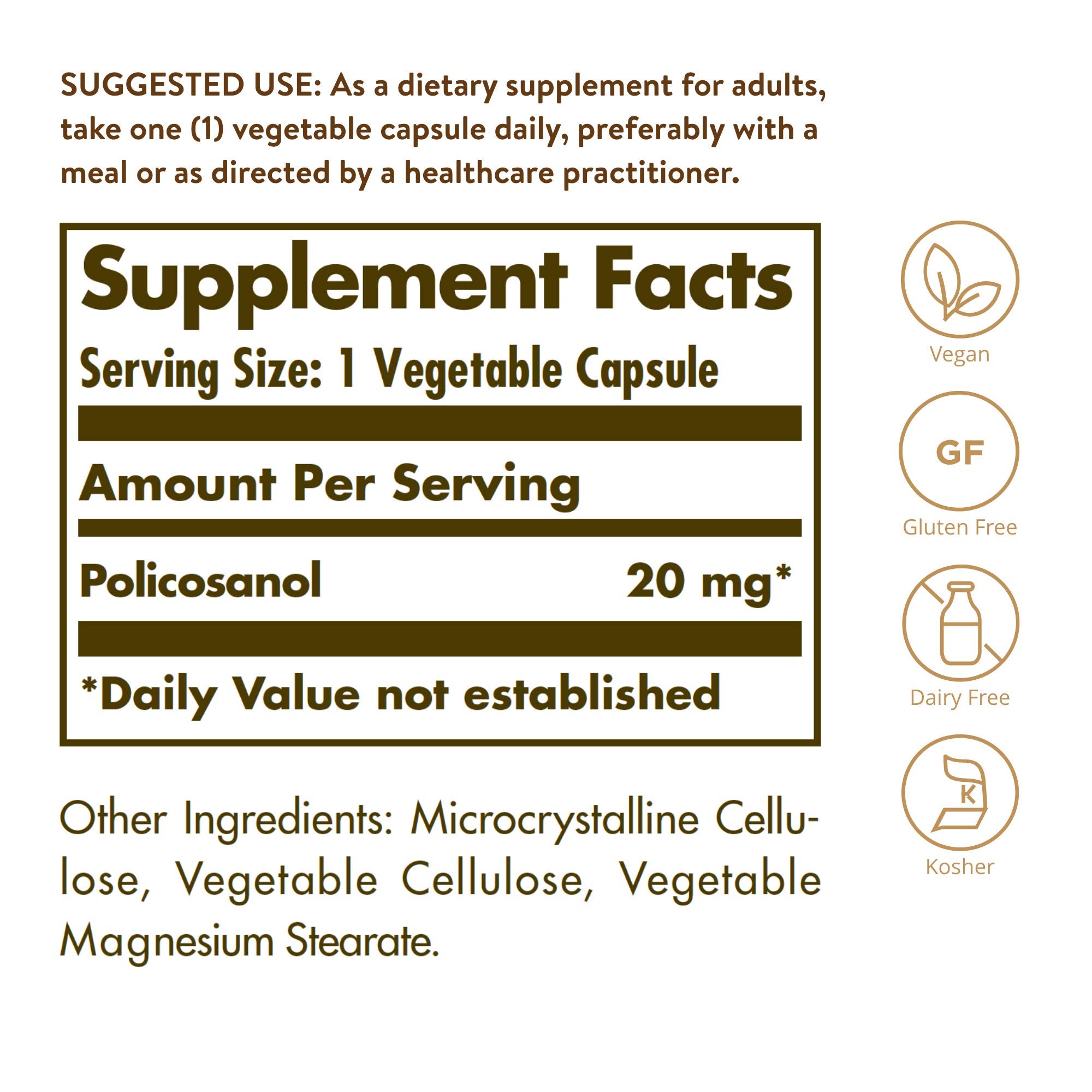 Solgar Policosanol 20 mg capsules close-up, vegan and gluten-free.