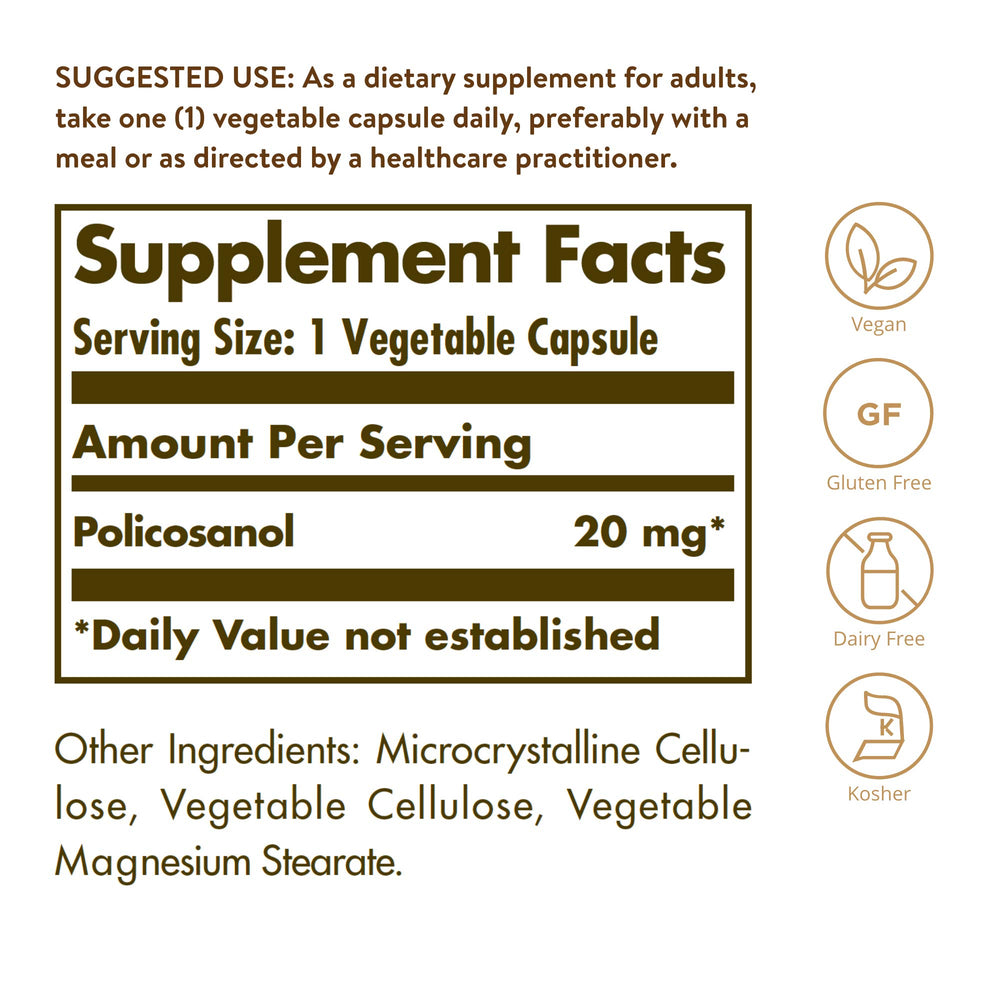 Solgar Policosanol 20 mg capsules close-up, vegan and gluten-free.