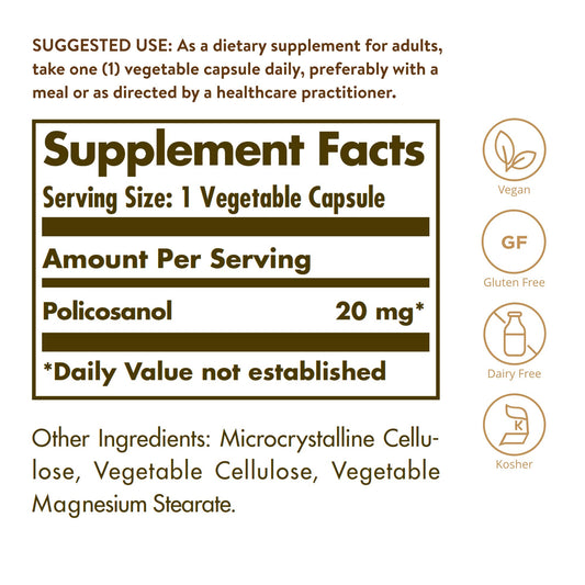 Solgar Policosanol 20 mg capsules close-up, vegan and gluten-free.