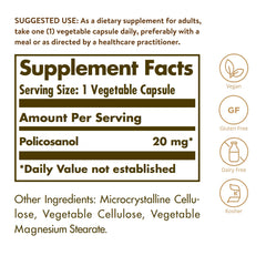 Solgar Policosanol 20 mg capsules close-up, vegan and gluten-free.