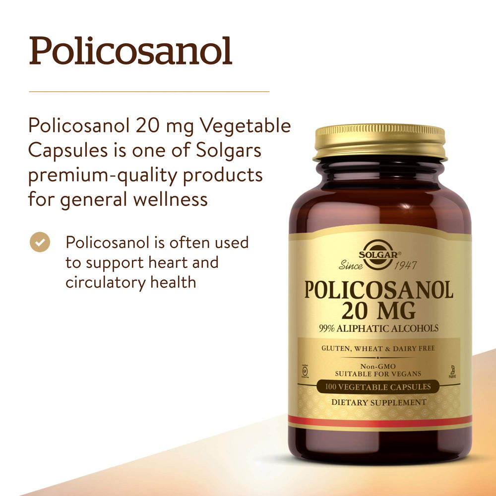 Solgar Policosanol 20 mg label close-up, kosher certified and pure ingredients.