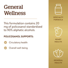 Solgar Policosanol 20 mg packaging on kitchen counter, 100 servings.
