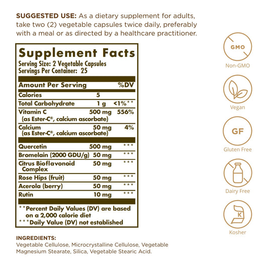 Solgar Quercetin capsules closeup highlighting easy-to-swallow vegan capsules
