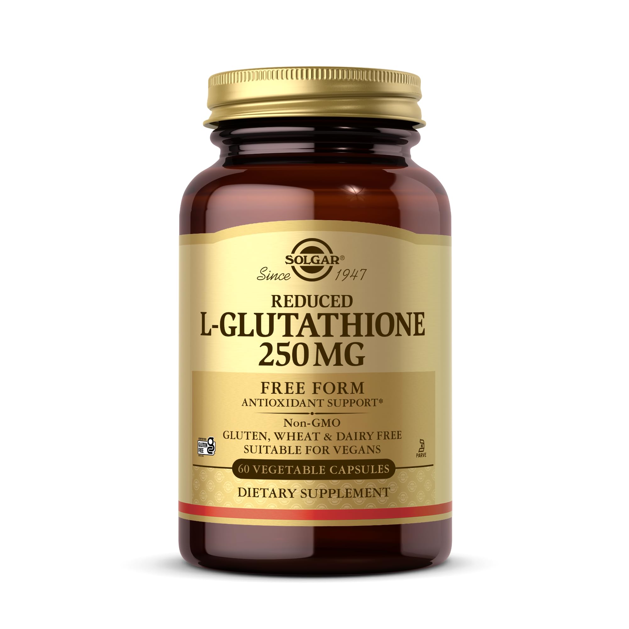 Solgar Reduced L-Glutathione 250 mg bottle shows vegan antioxidant support.