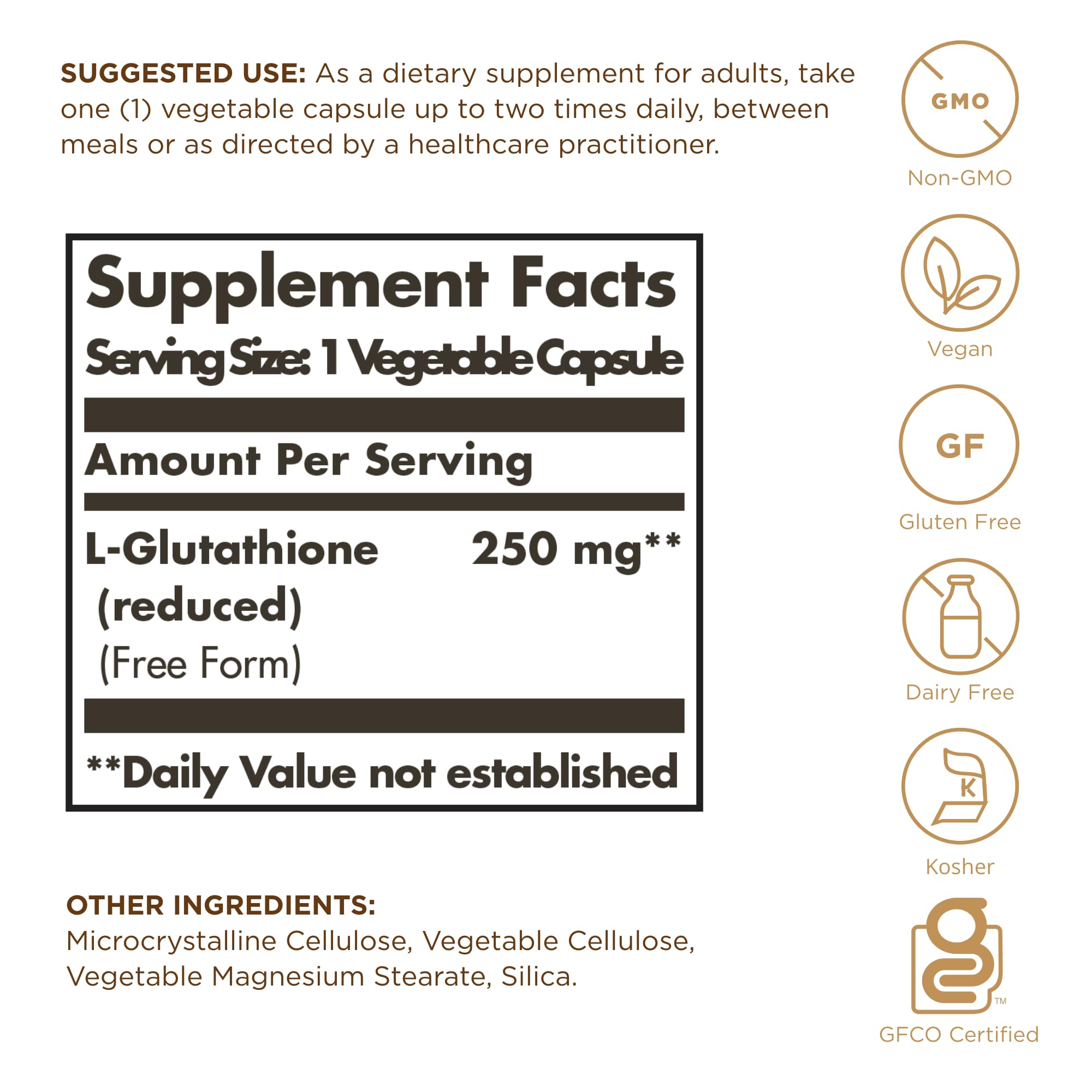 Close-up of Solgar 250 mg capsules; gluten-free and non-GMO.