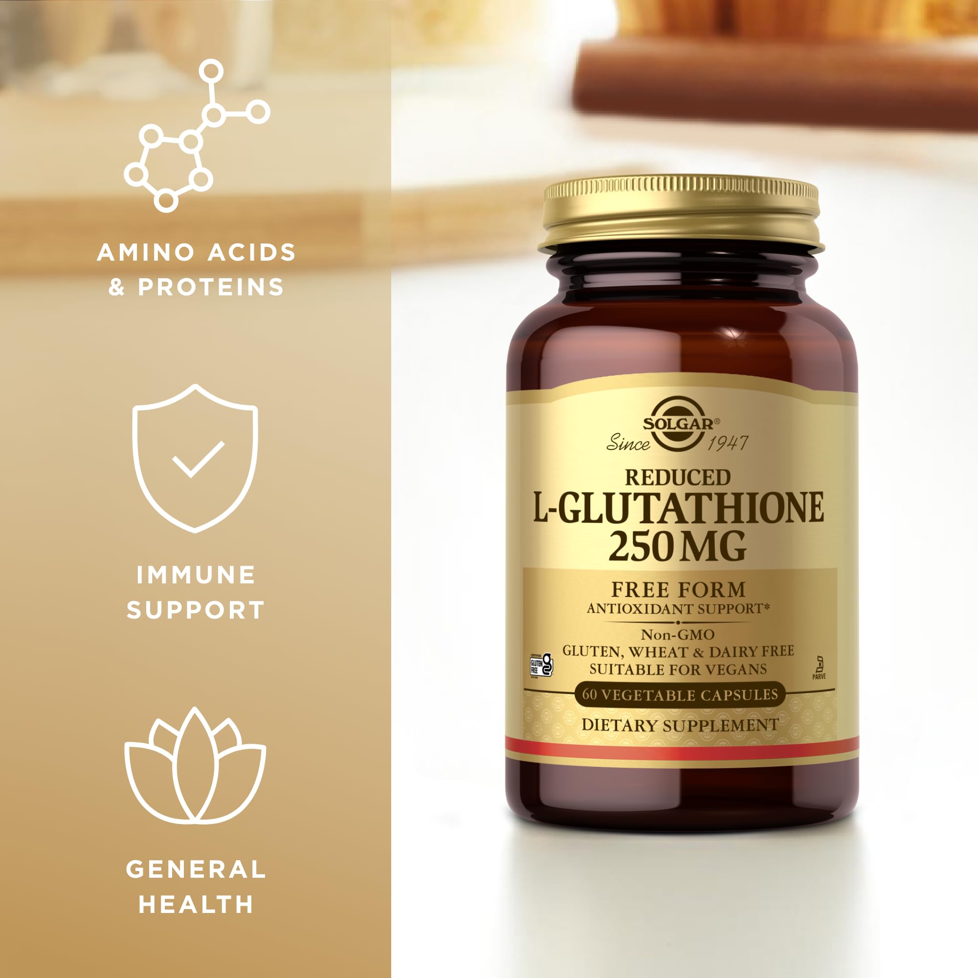 Nutrition label on Solgar bottle highlights dairy-free and gluten-free attributes.