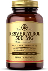 Solgar Resveratrol 500 mg bottle with label highlighting antioxidant support.