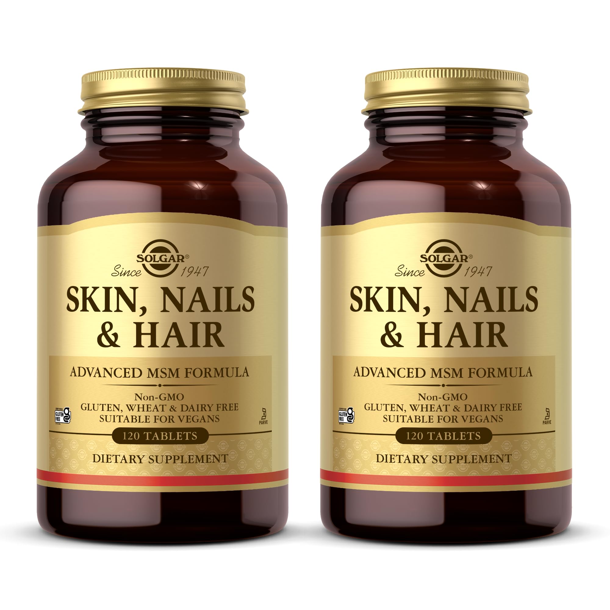 Solgar Skin, Nails & Hair bottle front promotes vegan MSM formula for skin, nails, and hair support