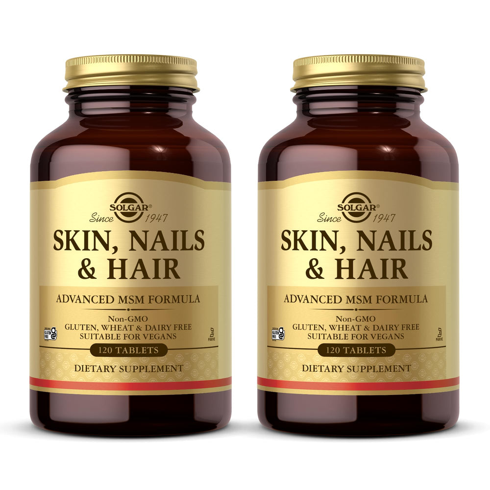 Solgar Skin, Nails & Hair bottle front promotes vegan MSM formula for skin, nails, and hair support