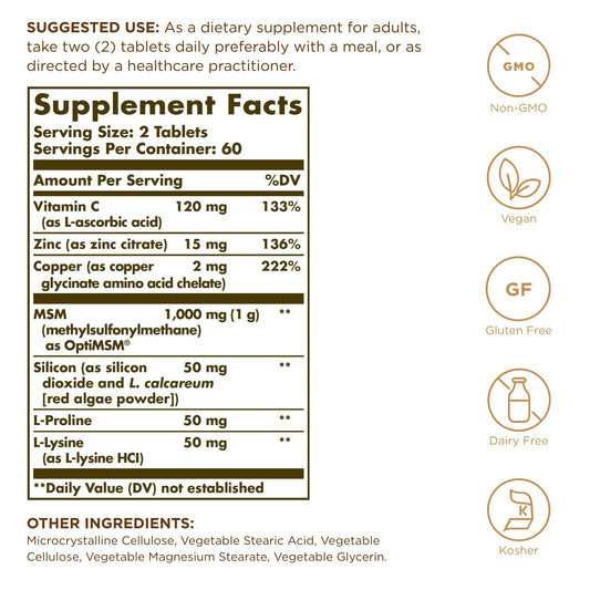 Solgar Skin, Nails & Hair bottle label highlights vegan, non-GMO, gluten- and dairy-free features