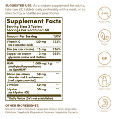 Solgar Skin, Nails & Hair bottle label highlights vegan, non-GMO, gluten- and dairy-free features