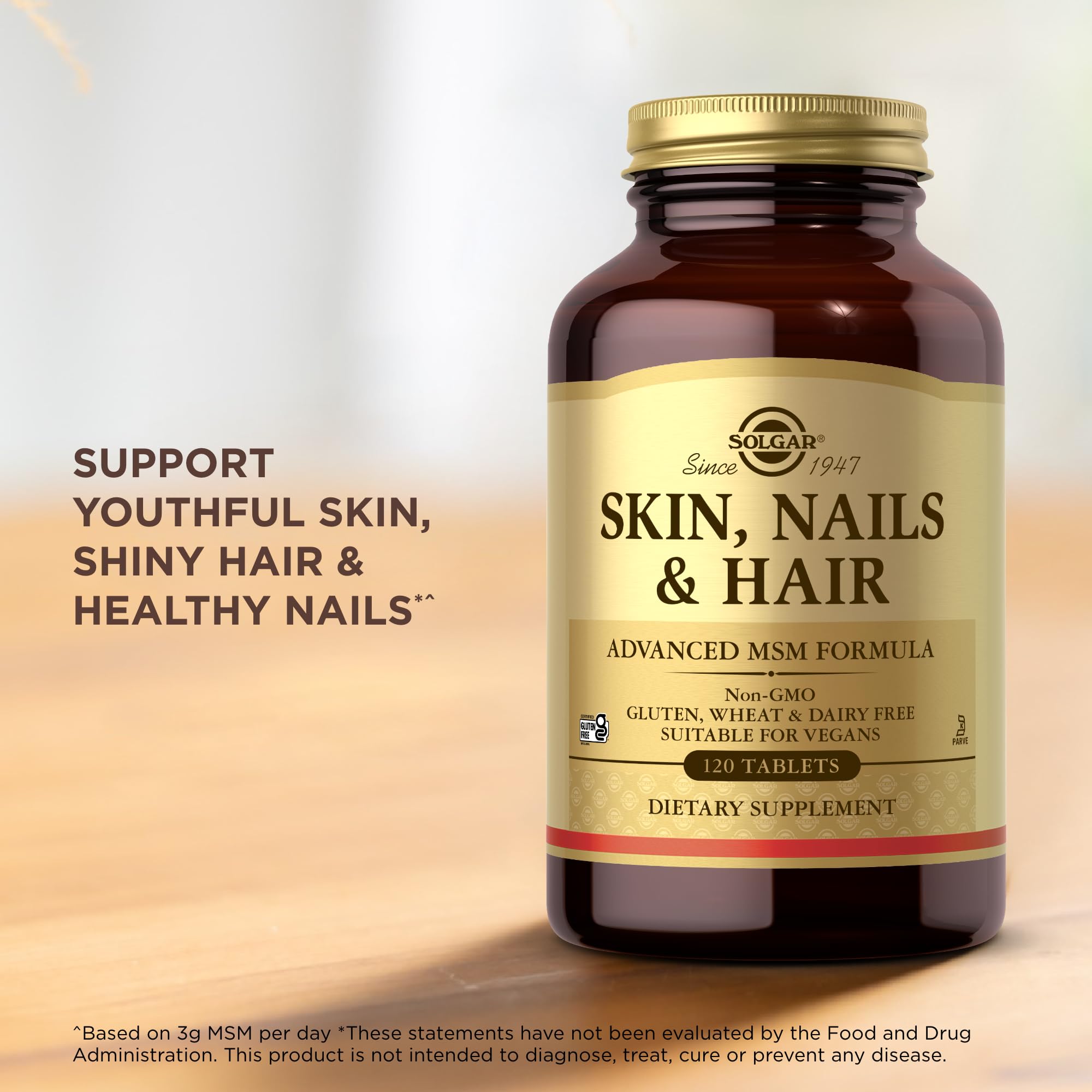 Solgar Skin, Nails & Hair tablets close-up reveal compact vegan capsules
