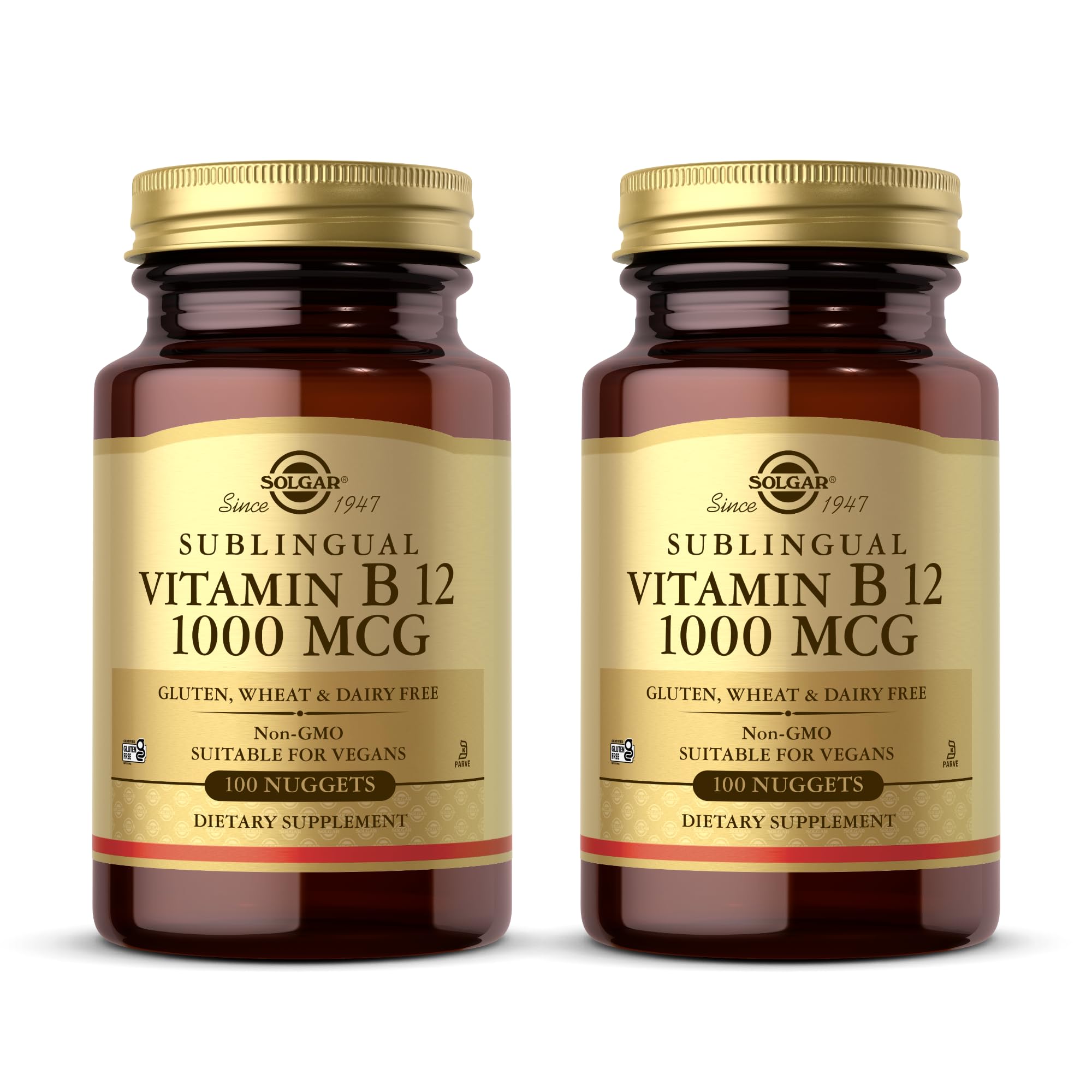 Solgar Sublingual B12 bottle front showing 1000 mcg per nugget for energy metabolism support