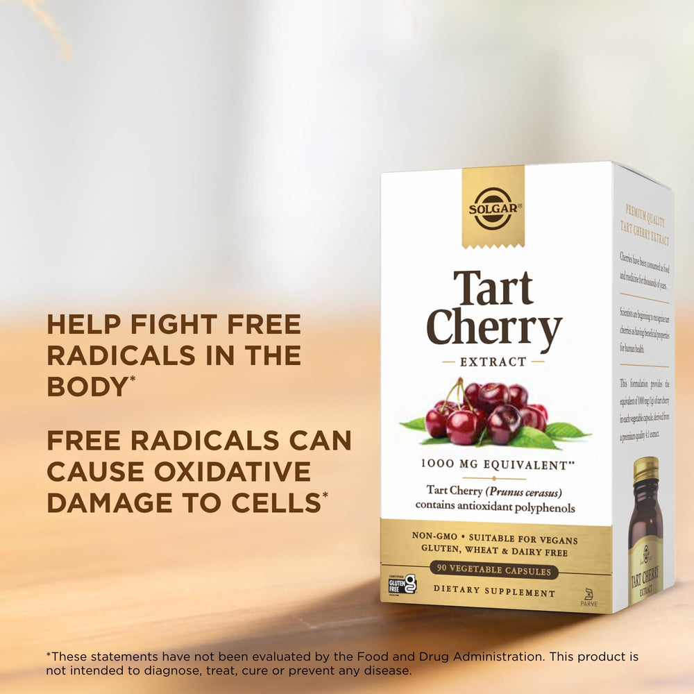 Solgar Tart Cherry non-GMO gluten-free dairy-free icons highlight purity