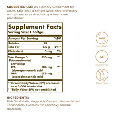 Solgar Omega-3 950 mg softgels close-up, highlighting high EPA and DHA content