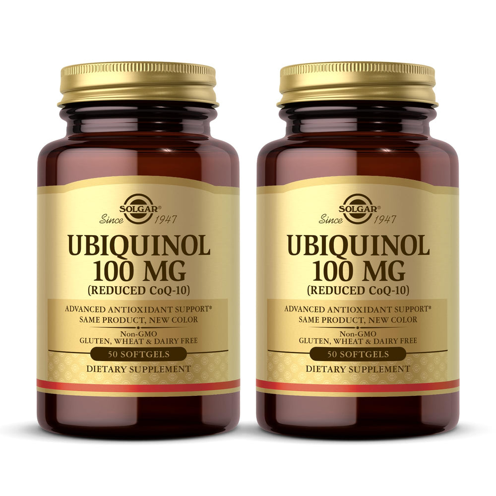 Solgar Ubiquinol 100 mg bottle label highlights reduced CoQ-10 for antioxidant support.