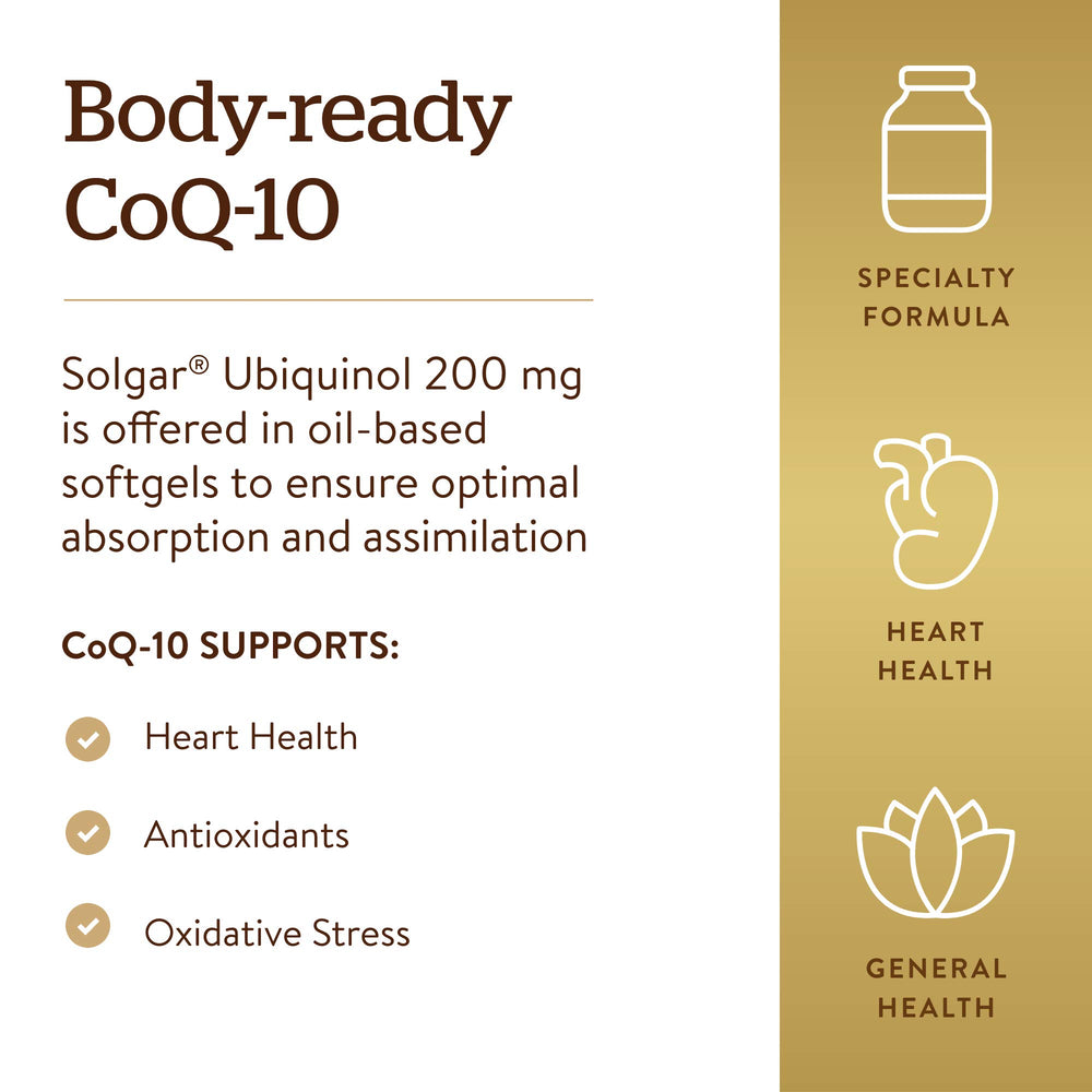 Solgar Ubiquinol 200 mg softgel surface emphasizes smooth intake.