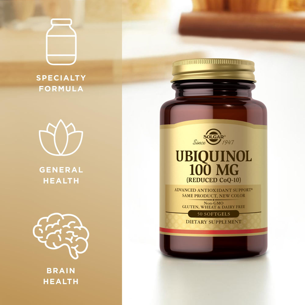Solgar ubiquinol capsules closeup emphasizing gluten-free and dairy-free formula.