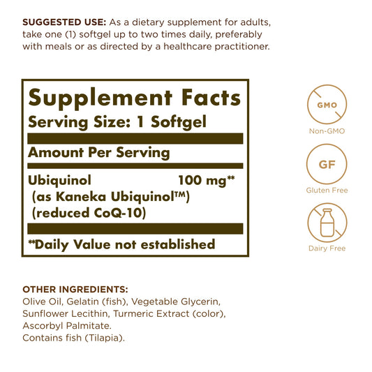 Solgar ubiquinol softgels closeup showing easy-to-swallow oil-based capsules.