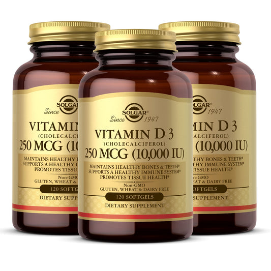 Solgar Vitamin D3 softgels bottle front with labels for daily bone support