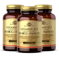 Solgar Vitamin D3 softgels bottle front with labels for daily bone support