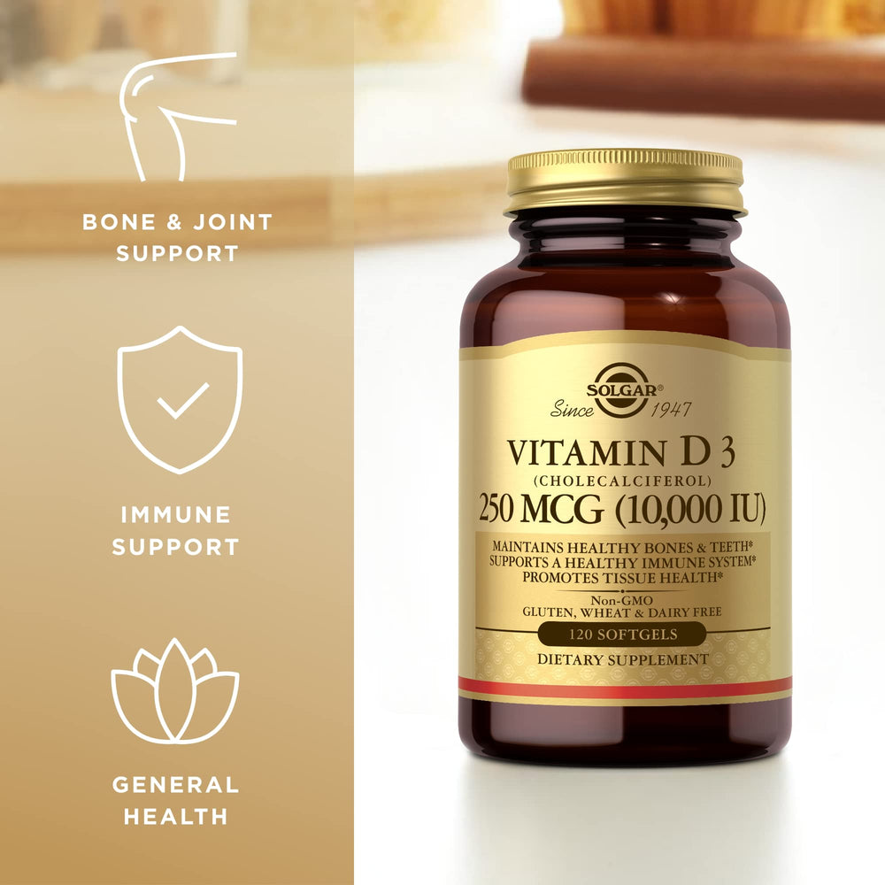 Solgar Vitamin D3 bottle with glass scene suitable for daily routine