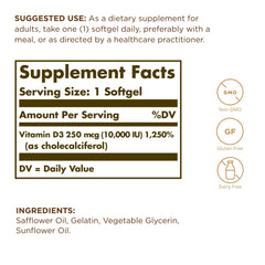 Solgar Vitamin D3 softgels closeup showing oil-based formulation for absorption