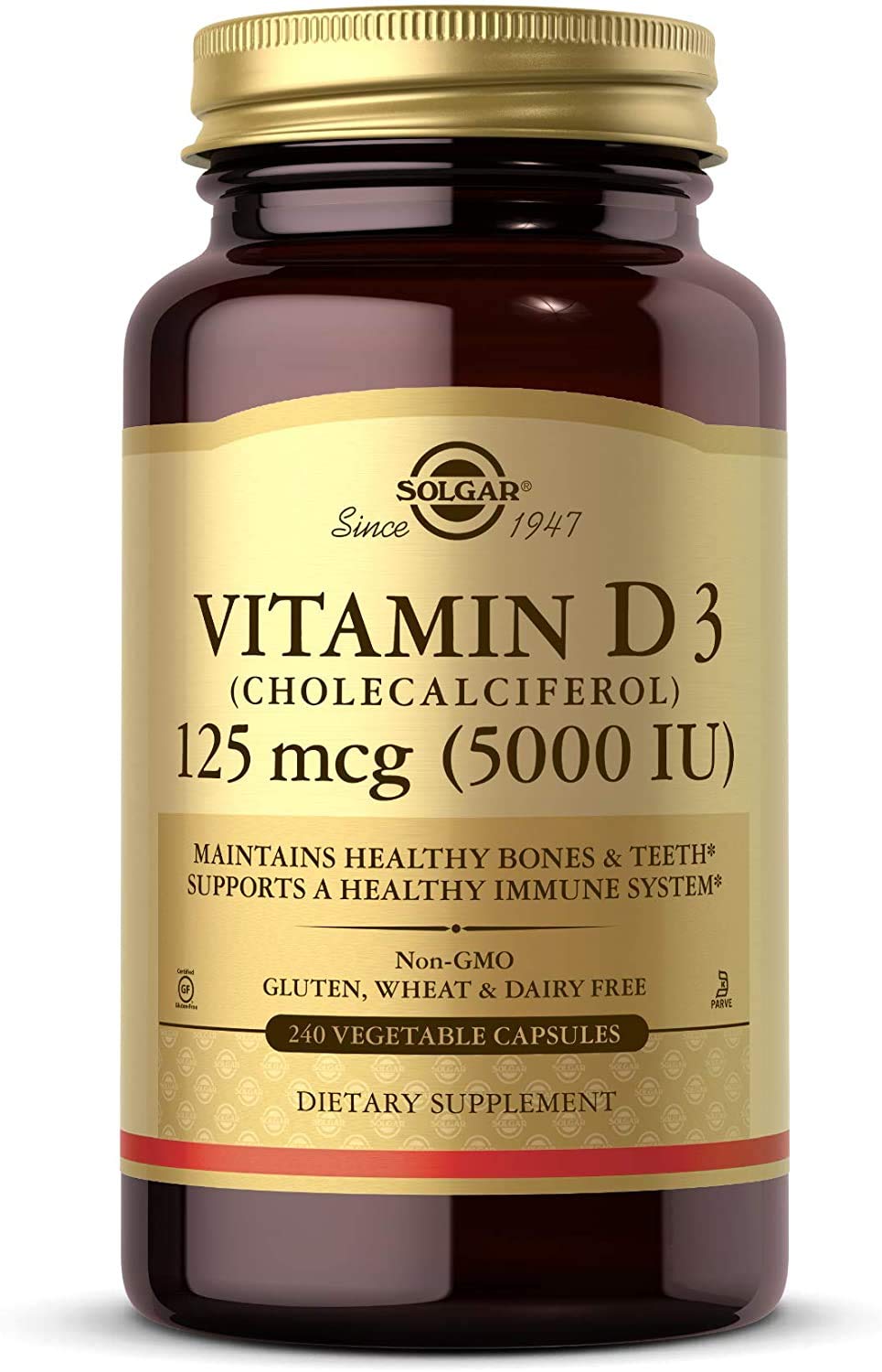 Solgar Vitamin D3 bottle front view showing 5000 IU dosage for bone support.