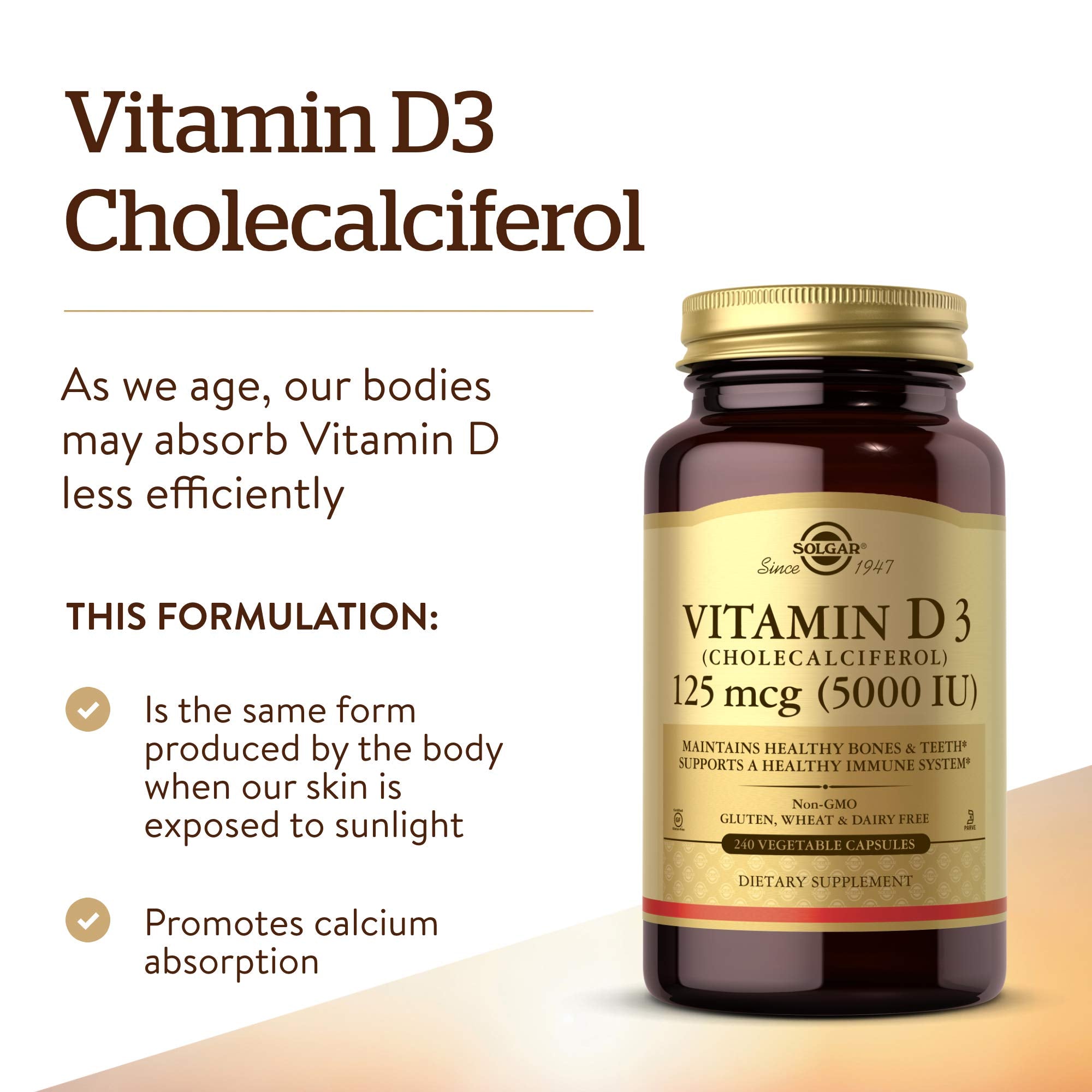 Solgar Vitamin D3 bottle label close-up noting gluten-free and non-GMO formula.