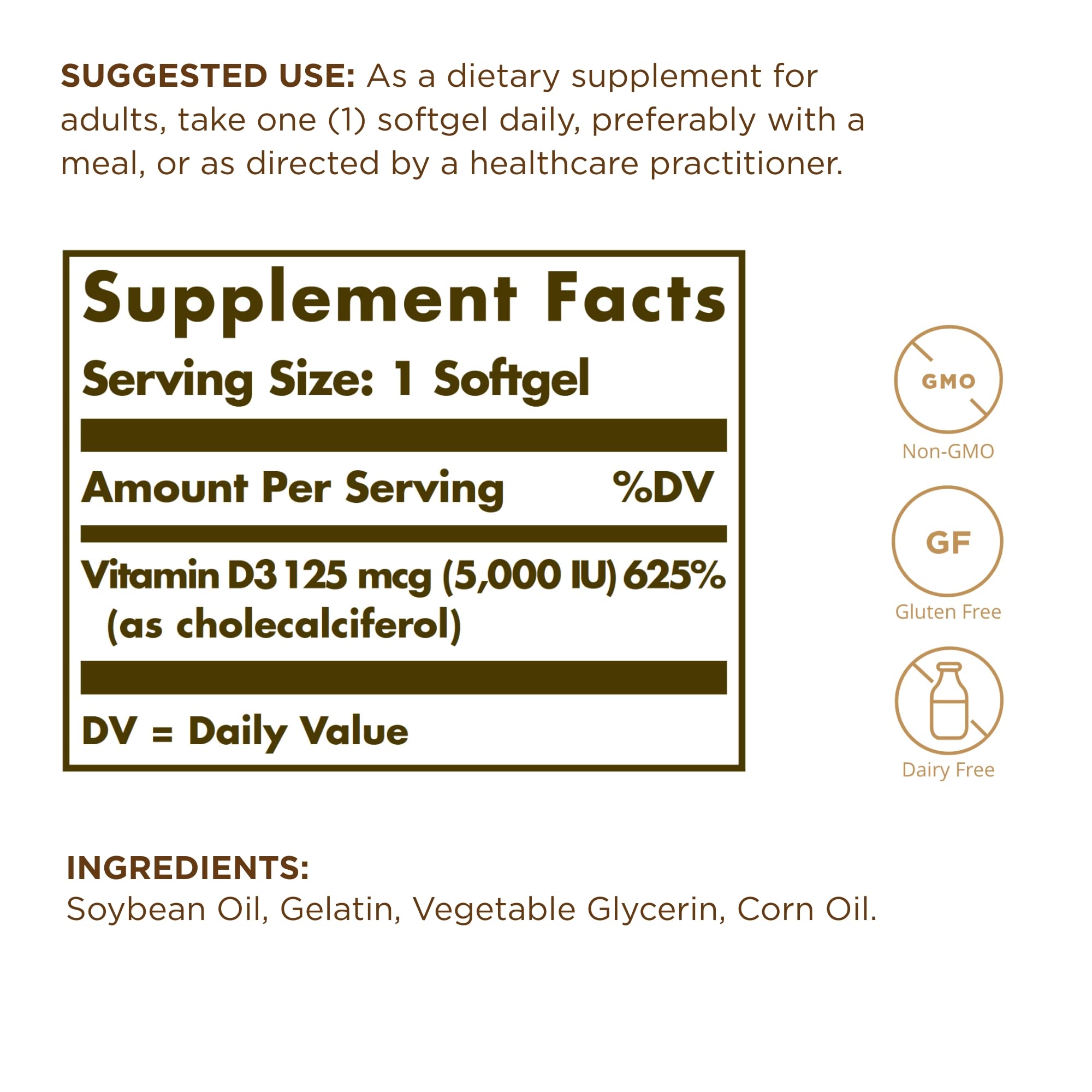 Solgar Vitamin D3 bottle back label details showing 400 IU per softgel