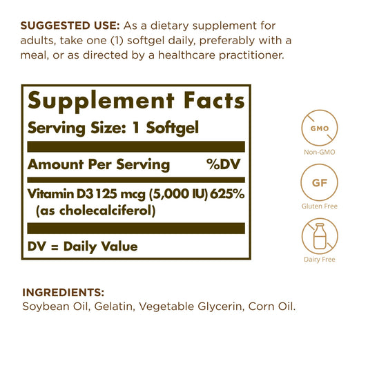 Solgar Vitamin D3 bottle back label details showing 400 IU per softgel
