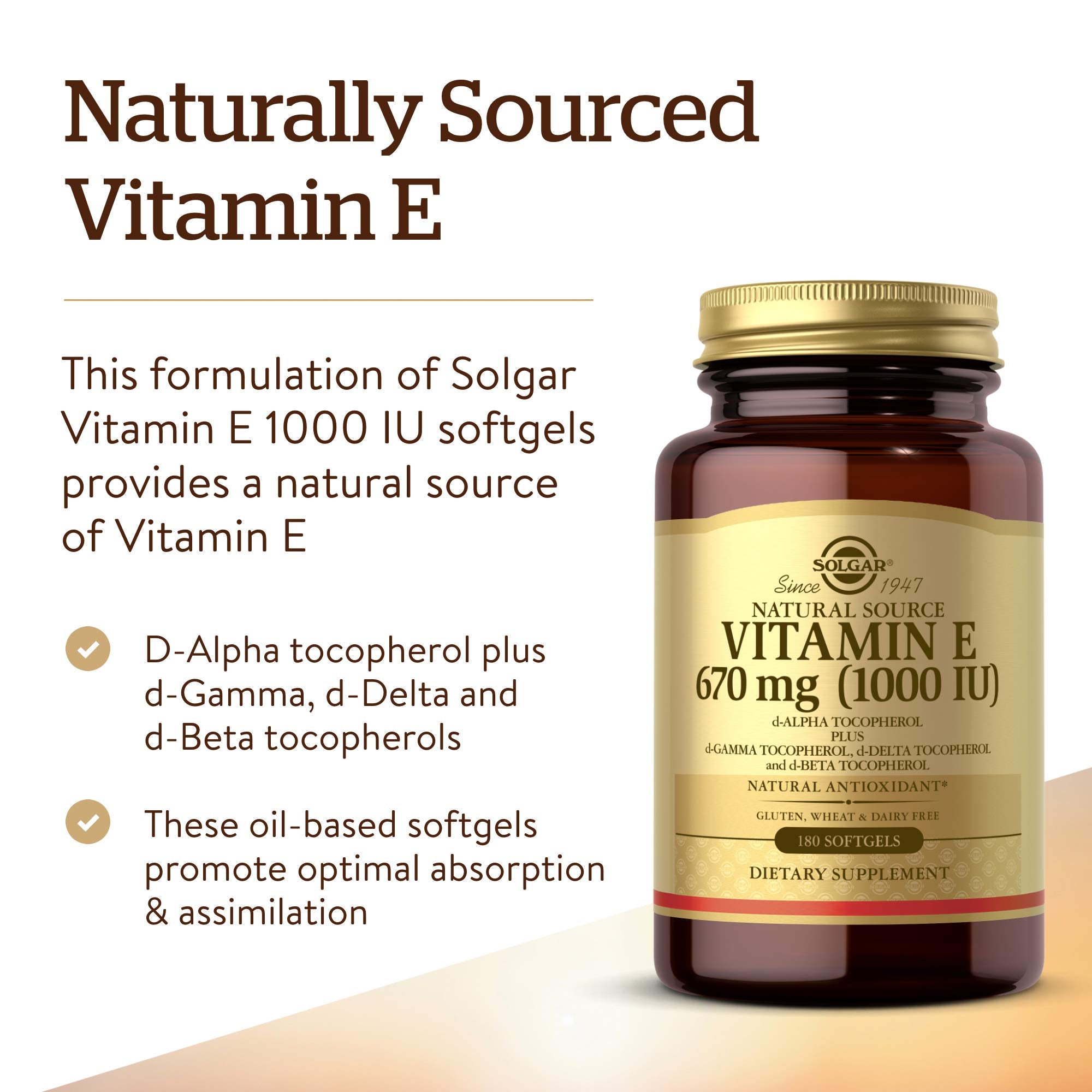 Solgar Vitamin E 1000 IU packaging highlights gluten-free and dairy-free formulation