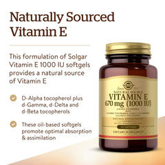 Solgar Vitamin E 1000 IU packaging highlights gluten-free and dairy-free formulation
