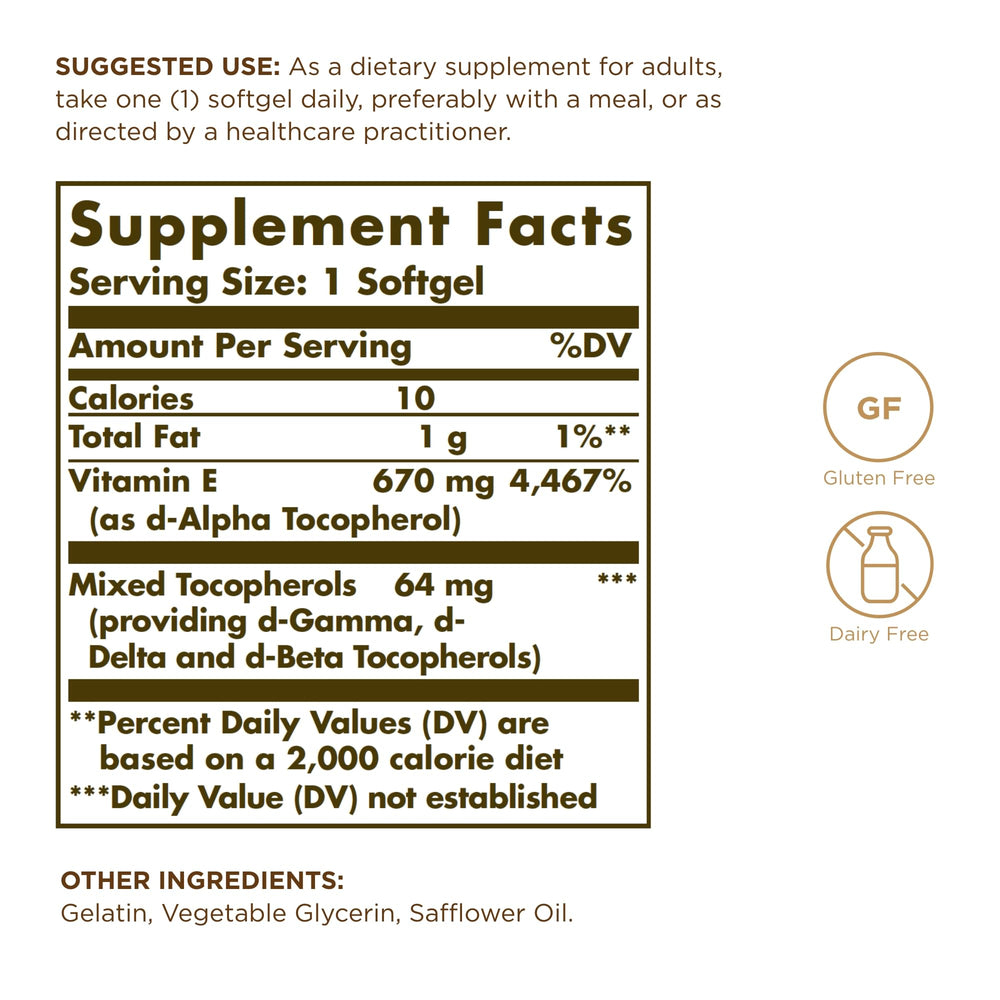 Solgar Vitamin E 670 mg capsules closeup highlights oil-based softgels for absorption