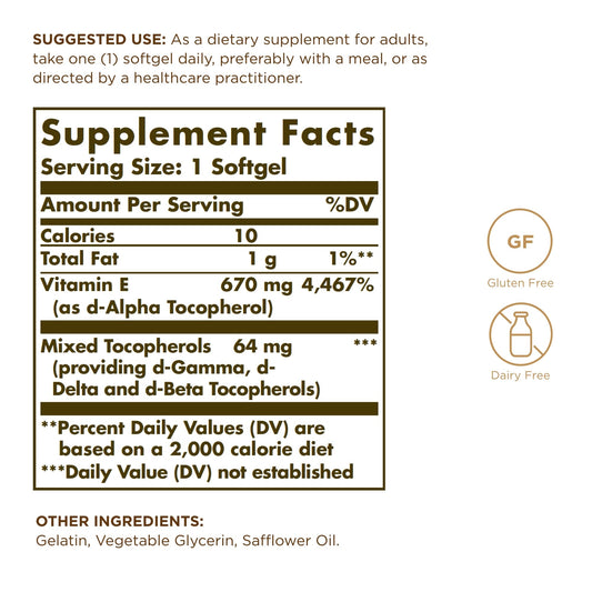 Solgar Vitamin E 670 mg capsules closeup highlights oil-based softgels for absorption