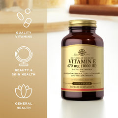 Solgar Vitamin E 670 mg label shows gluten-free and dairy-free features