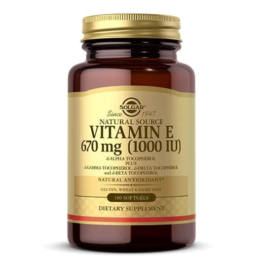 Solgar Vitamin E 670 mg softgels bottle on shelf supports skin and immune health