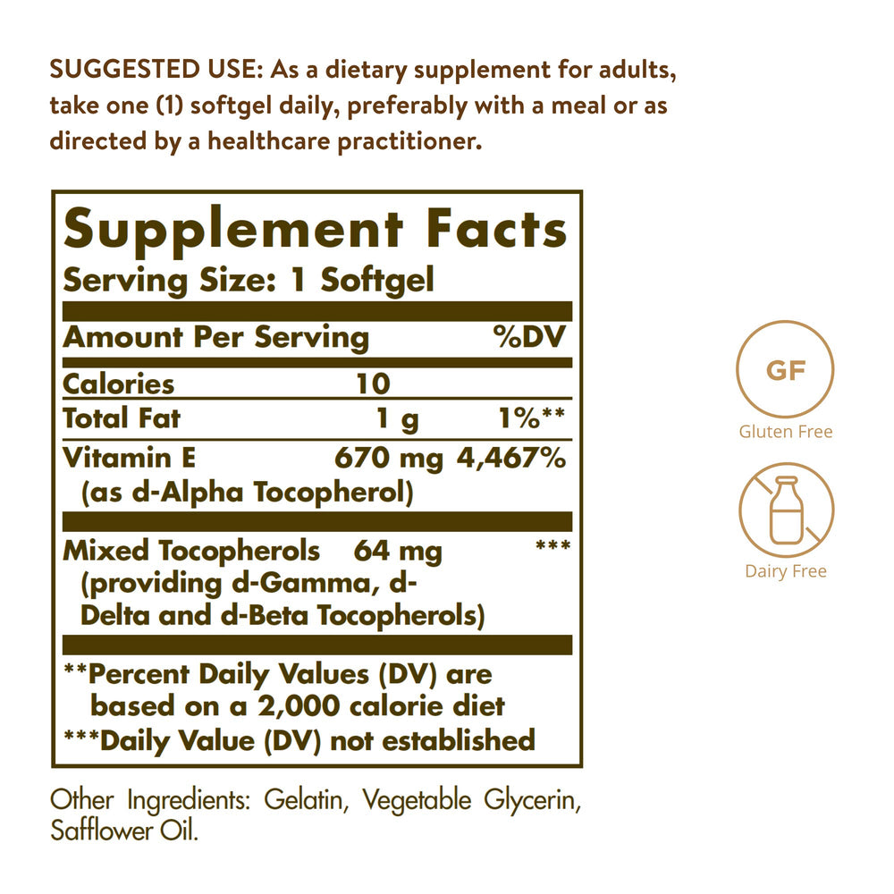 Solgar Vitamin E softgels close-up showing oil-based formula for absorption