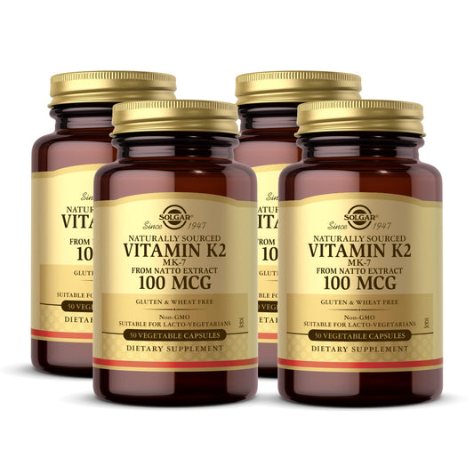 Solgar Vitamin K2 MK-7 bottle label with Natto source for bone support.
