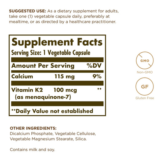 Solgar Vitamin K2 MK-7 capsules close-up for easy daily use.