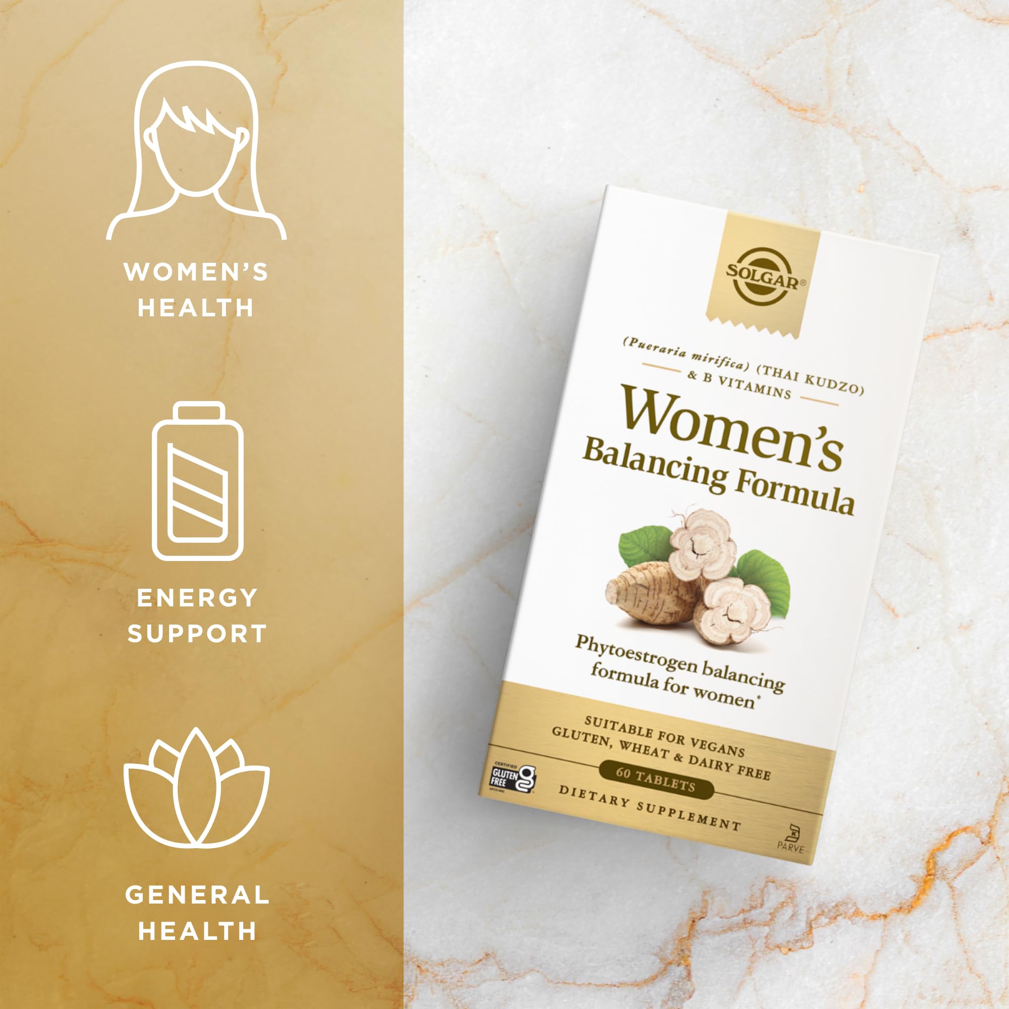 Solgar Women’s Balancing Formula vegan and gluten-free label for dietary compatibility.