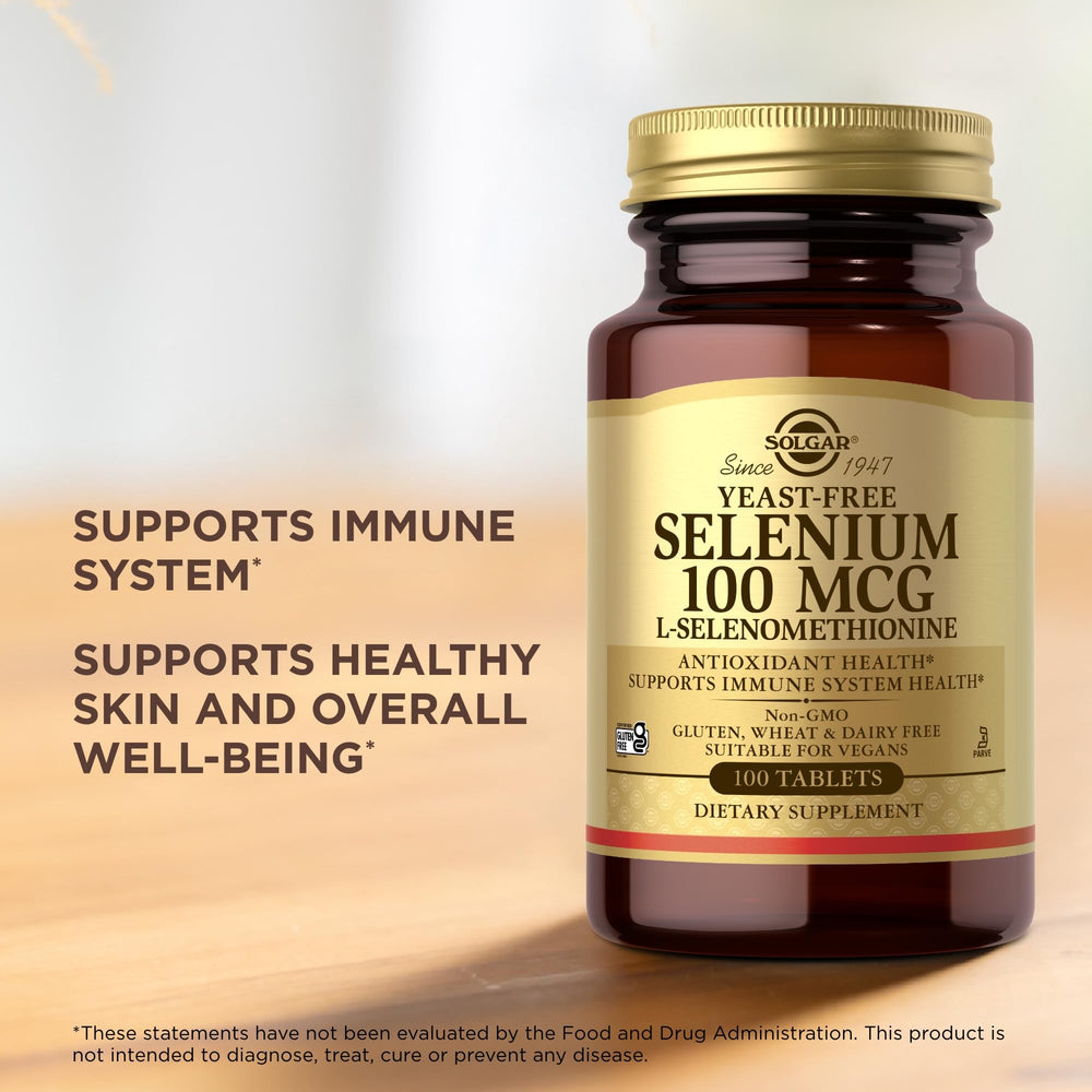 Solgar Yeast-Free Selenium bottle on shelf in a clean, minimal setting