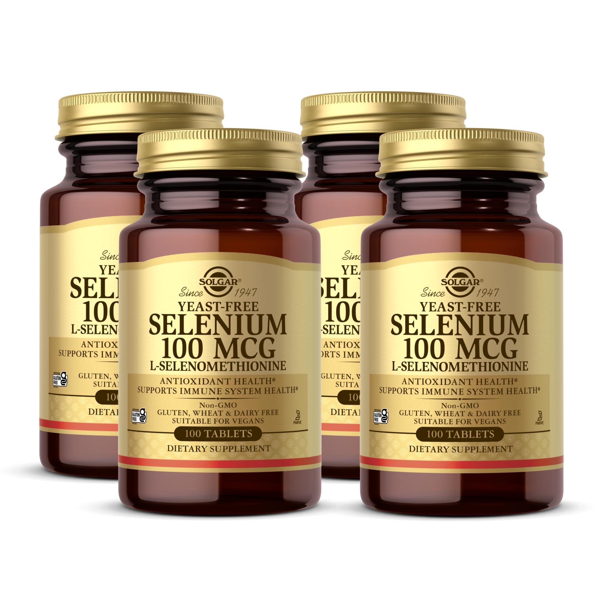Solgar Yeast-Free Selenium 100 mcg bottle closeup showing purity and potency