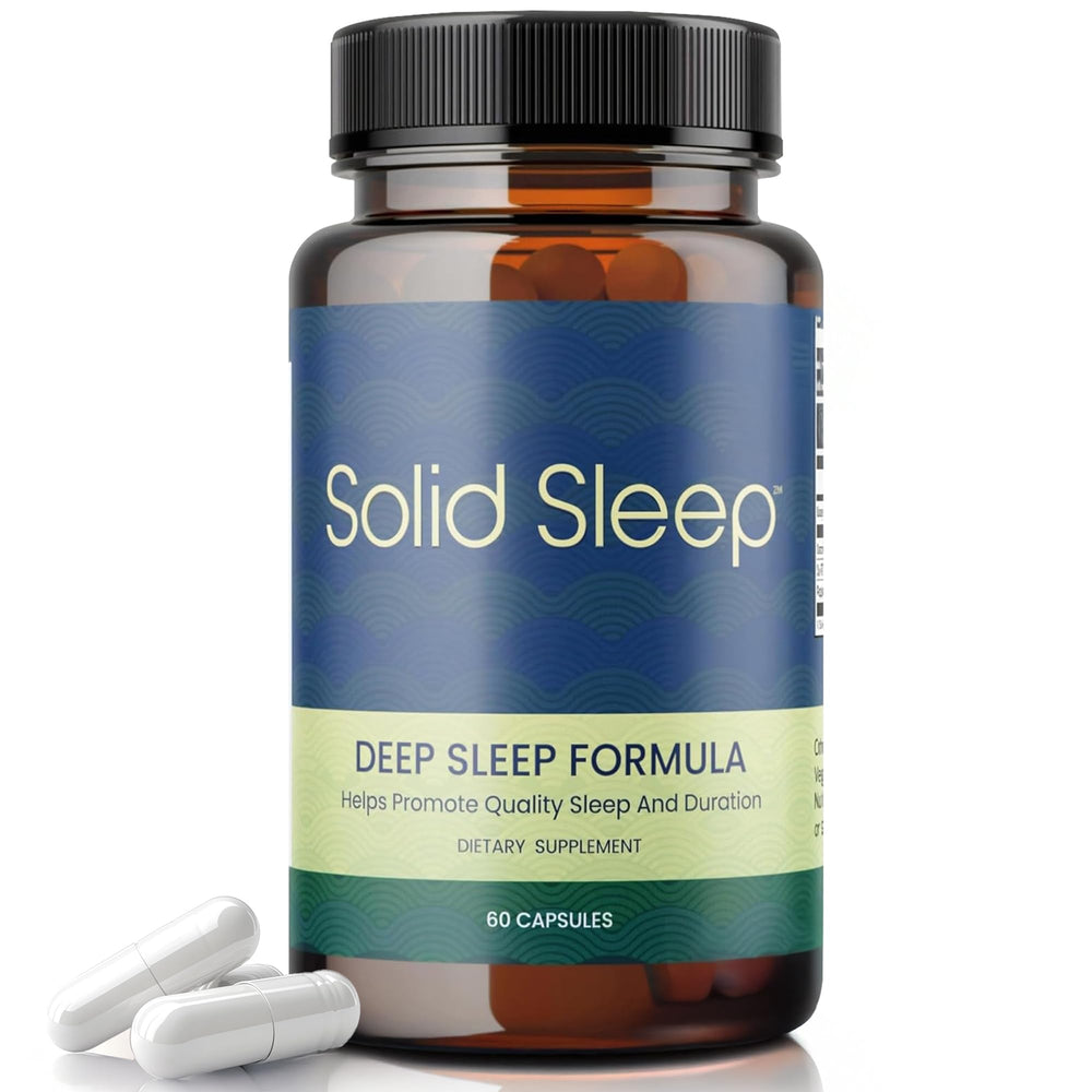 Solid Sleep Deep Sleep Formula bottle promotes natural night relaxation with vegan capsules.