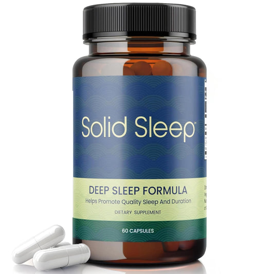Solid Sleep Deep Sleep Formula bottle promotes natural night relaxation with vegan capsules.