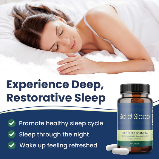 Close-up of Solid Sleep capsules; magnesium bisglycinate supports calming nightly routines.