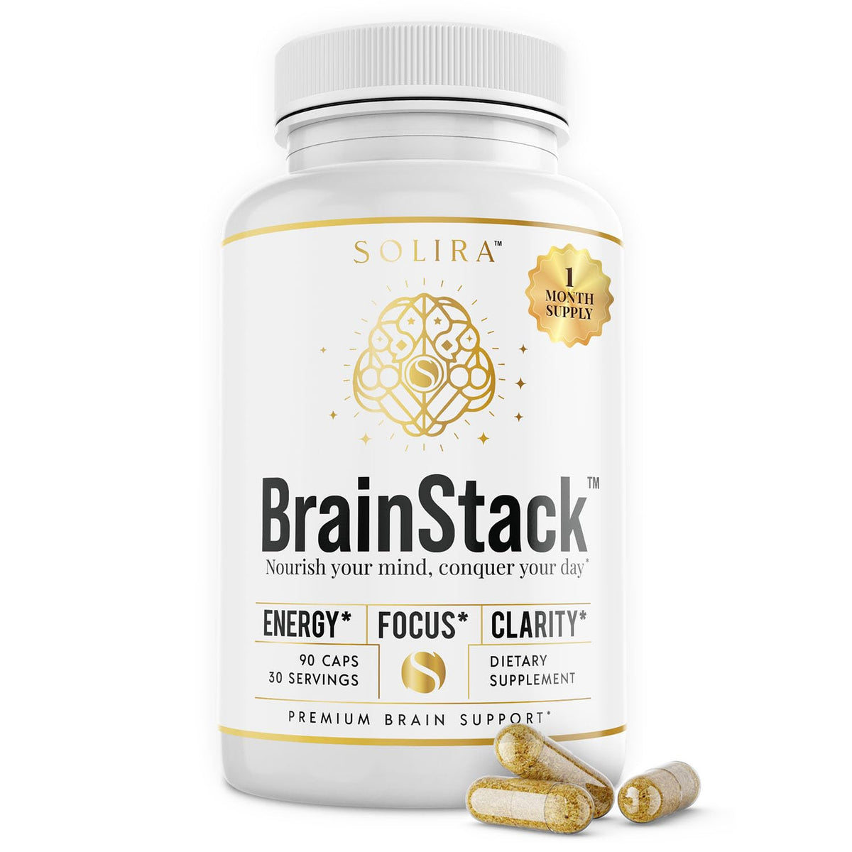 Solira BrainStack bottle with capsules for clean energy and focused daytime use.