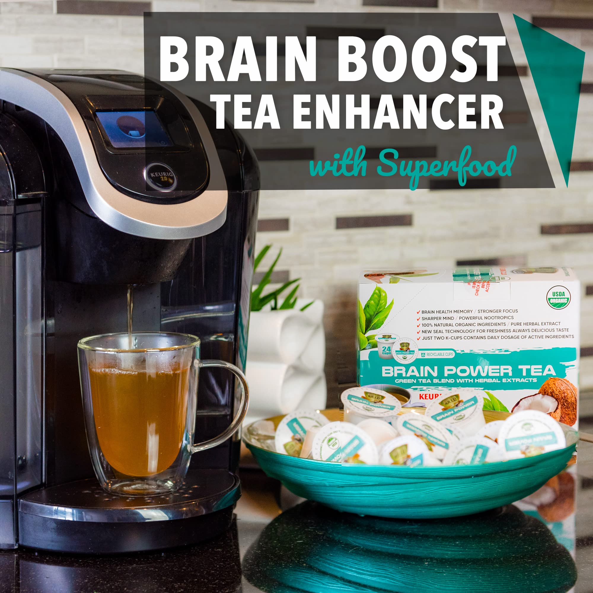 Steaming cup of Sollo Brain Power tea with cinnamon aroma.