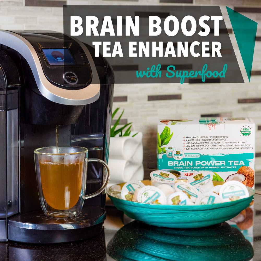 Steaming cup of Sollo Brain Power tea with cinnamon aroma.